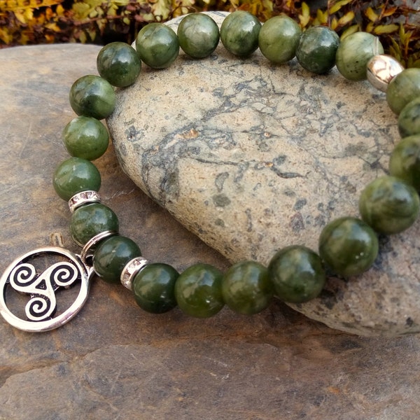 Connemara Bracelet, Triskelion Charm Bracelet, Irish Celtic Bracelet, Connemara Marble, Green Stone Bracelet, Irish Jewelry, Celtic Jewelry