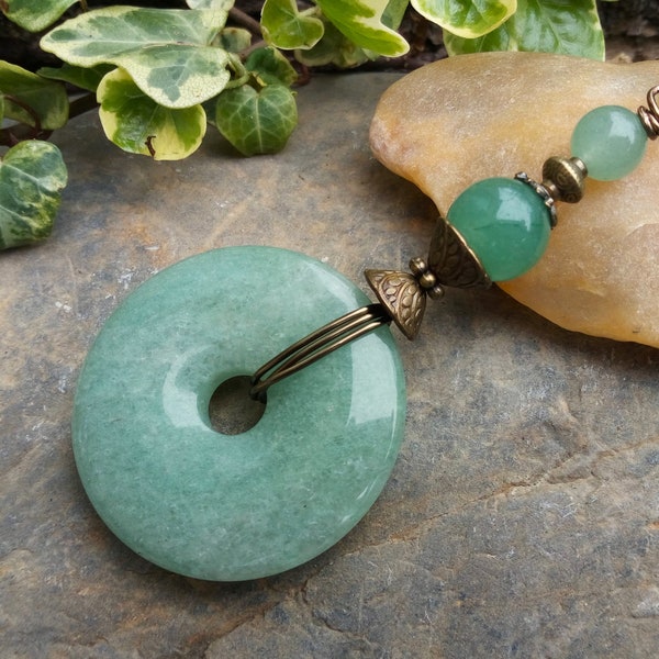 Green Gemstone Necklace, Aventurine Pendant, Pi Stone Pendant, Green Aventurine, Boho Necklace, Gemstone Donut Pendant, Heart Chakra Jewelry