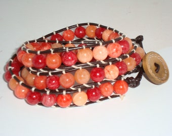 Orange Bead Leather Wrap Bracelet, Triple Wrap