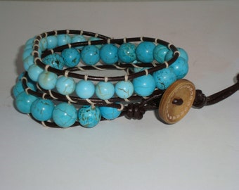 Turquiose Bead Leather Wrap Bracelet, Double Wrap Bracelet