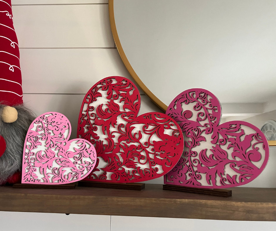 Set of 3 Valentine's Day Decor Hearts - Laser Cut Wood Shelf Sitters