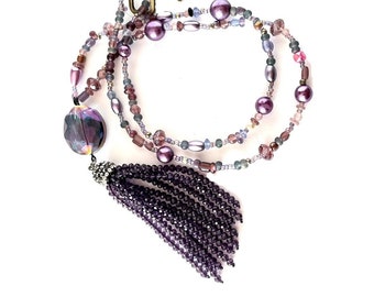 Beautiful purple long tassel necklace. long beaded tassel necklace. Amethyst necklace Handmade in USA using crystals and quality beads.