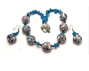 Necklace and Earrings Handmade Necklace and Earrings set. Hand made polymer clay beads with Natural Ocean Corals.  Unique  OOAK