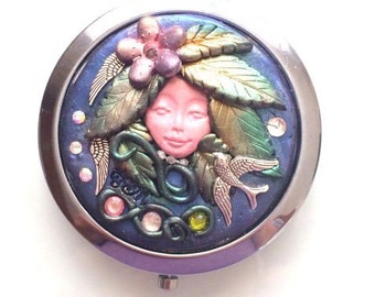 Compact Goddess of nature Compact mirror. Hand made one of a kind for distinguished lady. Large silver compact mirror.  Made BY HAND in USA.