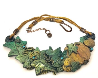 Bib Necklace. Polymer Clay Leaves Necklace - Hand Made Show Stopper Celebrity Necklace. Original designer necklace The wonderful work of art