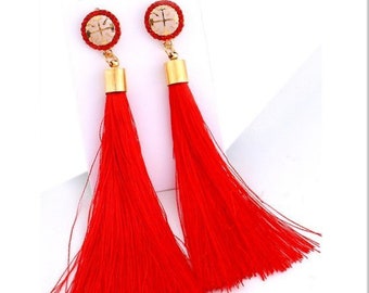 Earrings. tassel earrings 3 Colors, Red, Blue and black. Hand crafted earrings. Beautiful and very light long earrings. long tassel earrings