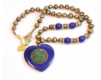 Necklace Lapis Luzari necklace and pendant  Fresh water high quality Gemstone Pearls. hand made amazing lapis luzari and fresh water pearls