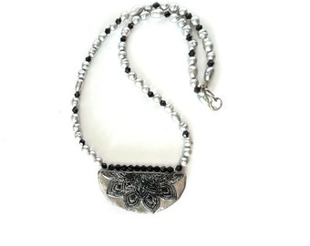 Necklace. Pendant Hand made. This lovely necklace of Polymer clay, gray Pearls and black crystals.  One of a kind. cultured pearls necklace