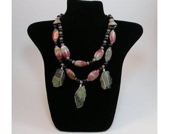 Necklace Hand Made Celebrity Necklace. Natural Rhodochrosite oval beads and Rough natural pale green quartz necklace. wonderful gemstones