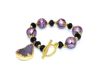 Bracelet. Glass purple Beads, Black crystals Gold tone toggle clasp. glass beads and druzy, drusy Gemstones charm, Hand Made in USA