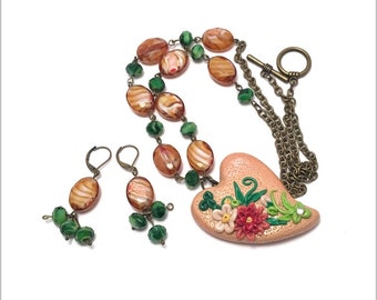 Hand Made Necklace and earrings set Necklace Polymer Clay handmade Heart Pendant. polymer clay jewelry. Enhanced Heart embroidery Necklace