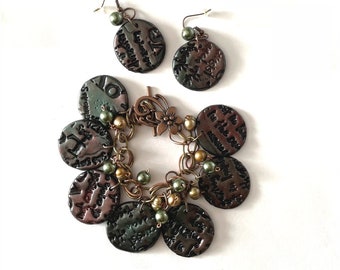 Love Letter. Handmade Bracelet and earrings. Handmade polymer clay stamp with Romantic Love Letter stamp. Circular multi color beads beads