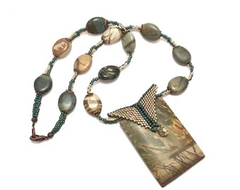 Necklace. Pendant Picasso jasper hand made beaded with highest quality Japanese seed beads.  Special design necklace OOAK