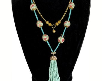 Necklace Handmade long necklace. Polymer clay beads and hand rolled silk cord. Long beaded tassel necklace. handmade in USA