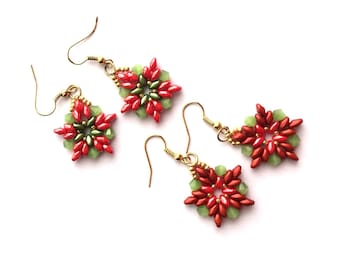 Beaded Earrings. Handmade red and Green Beaded Dangle Earrings Beautiful hand made Holiday earrings Dangle earrings always in style design