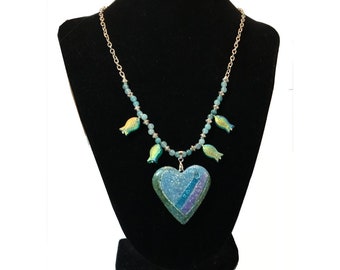 Necklace. Unique handmade necklace is made of polymer clay, glass Czech beads and crystals.  Handmade conversational piece