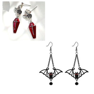 Your choice of Vampire bat and coffin earrings OR Halloween bat hanging earrings Long Halloween Dangle Earring Coffins Flying Bat earrings image 1