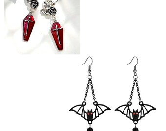 Your choice of Vampire bat and coffin earrings OR Halloween bat hanging earrings Long Halloween Dangle Earring Coffins Flying Bat earrings