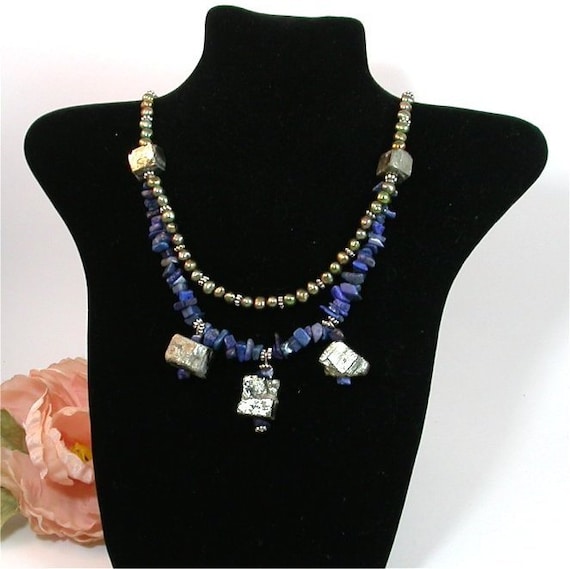 Gorgeous Pyrite, Fresh water Pearls and Lapis Lazuli- Hand Crafted necklace using high quality Gemstones beads, HandMade in USA