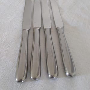 May include: Four stainless steel butter knives with rounded blades and handles. The knives are arranged in a row, reflecting light. The handles have a smooth, polished finish. The knives are on a white surface.