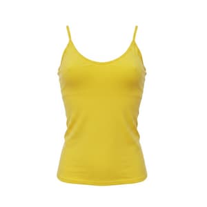 May include: A solid bright yellow camisole top featuring a deep V-neckline and thin spaghetti straps. The garment has a fitted silhouette with a straight hemline, constructed from a smooth, opaque fabric that provides a clean and simple appearance.