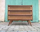 French Vintage Rattan Wooden Chest - 50's