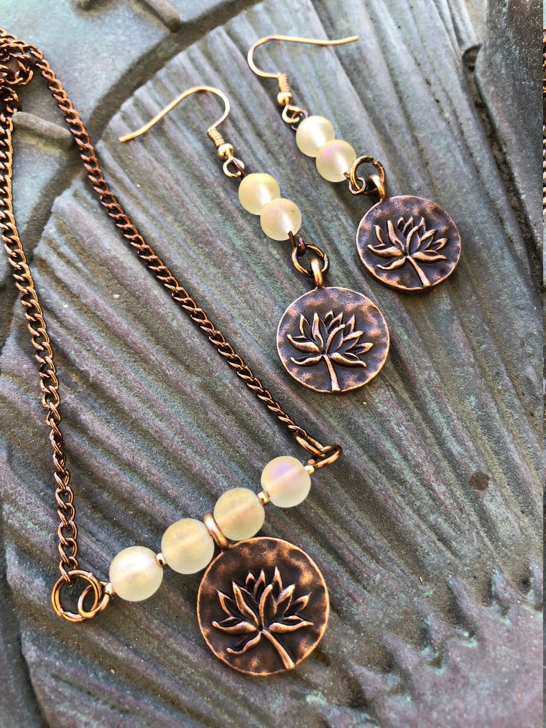 Lotus Bar Necklace, Lotus Earrings, Lotus Flower, Natural Stone, Healing Jewelry, Yoga Jewelry, Mindful Jewelry, Boho Jewelry, Gifts for her image 2