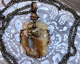 Natural Stone Necklace, Agate, Geode, Semi-precious, Wire Wrapped, Charm Necklace, Healing Crystals, Yoga inspired, Boho Jewelry, Hearts