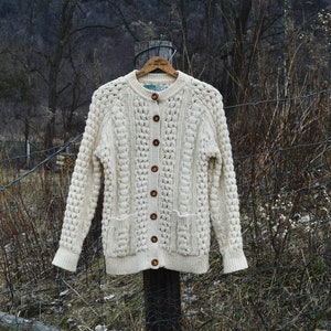 Vintage 36 S Fisherman Irish Hand Knit Cream Wool Button Down Cardigan Sweater Jumper Cottage Folk Aran