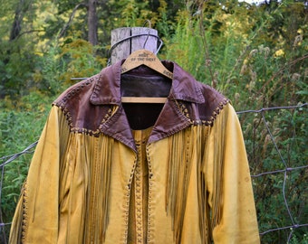 60s 70s Men&#39;s 36 XS/S Tan Brown Handmade Fringe Leather Jacket Western Hippie Vintage
