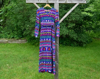 Robe longue vintage XS des années 70 à imprimé nordique pour femme, bleu psychédélique à manches longues