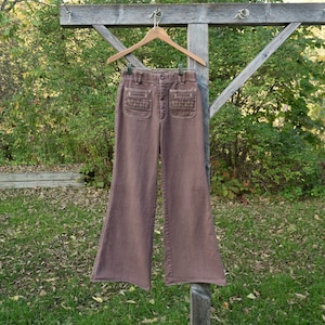 70s 27x30 10.5&quot; High Rise Bell Bottoms Talon Zipper Brown Pants Jeans Vintage Flares