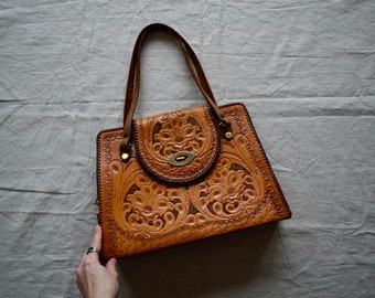 Large Vintage 70s Clifton's Hand Tooled Leather Western Hand Bag Purse