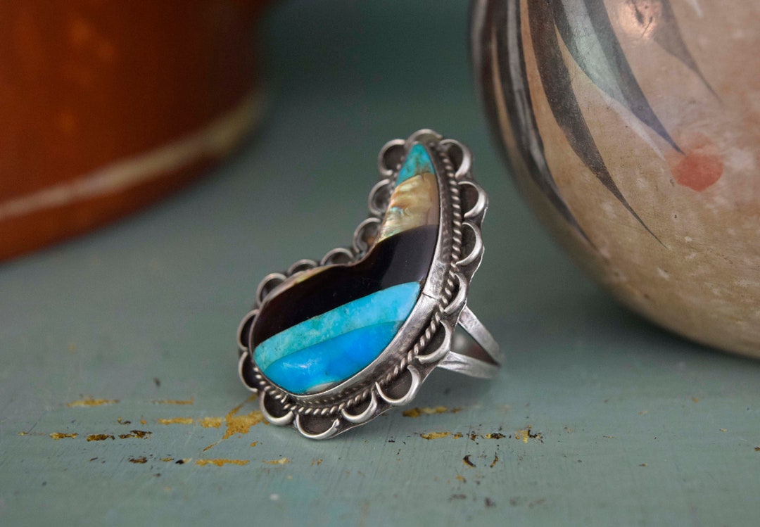 Paisley Inlay Vintage Paisley Sterling Silver Inlay Ring: Turquoise, Onyx, Abalone ...