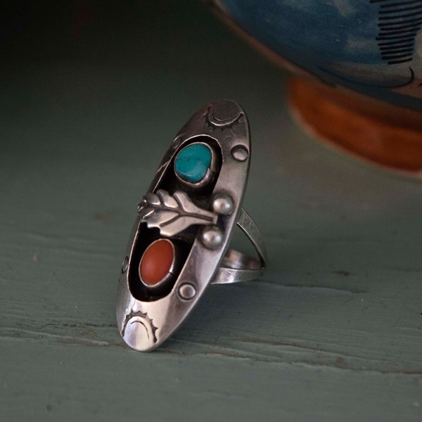 Vintage Size 5.5 Turquoise Coral Shadowbox Ring Sterling Silver Old Pawn Navajo Southwestern Jewelry 5 1/2 Stone