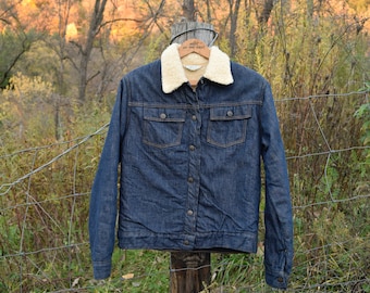 Vintage 70s Sears Jr Bazaar Youth M Women&#39;s XS Sherpa Lined Denim Jacket