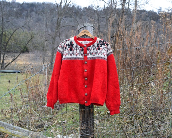 60s Jersild Knit L Neenah WI Red Cream Wool Butto… - image 1