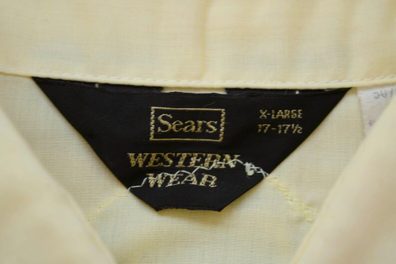70s Men/'s XL SEARS Western Wear 17-17 12 Light Yellow with Green Roses Vintage Western Pearl Snap Dress Shirt Cowboy Long Dagger Collar