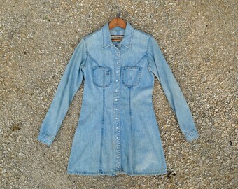 Z Cavaricci S/M Light Blue Denim Shirt Dress Mini Western Pearl Snap Collared Long Sleeve Cowgirl 80s 90s Vintage