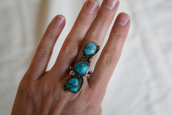 Rick Long Vintage Signed Native American Navajo 2 Morenci Turquoise Sterling Silver Ring Rick Long Vintage Signed Native American Navajo 2 Morenci Turquoise Sterling Silver Ring