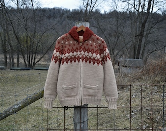 1950s Cowichan Wool Knit Cardigan: Vintage Shawl Collar Sweater Jacket (XS/S)