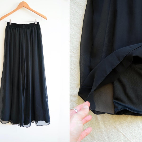 70s 80s XS S M Black Chiffon High Waist Palazzo Pants Wide Leg Sheer Anne Hobbs for Cattiva Dressy Formal Cocktail