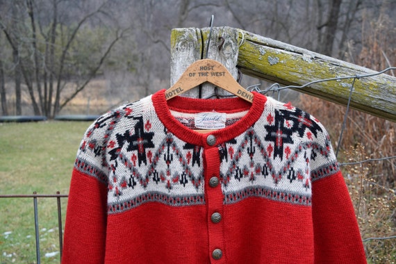 60s Jersild Knit L Neenah WI Red Cream Wool Butto… - image 2