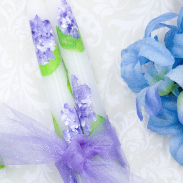 Hyacinth Flowers Hand Painted Taper Candle, Purple Hyacinth Floral Taper Candle, Anniversary Candles, Wedding Candles, Elegant Dinner Taper