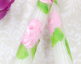 Pink Rose Floral Taper Candle, Rose Hand Painted Taper Candle, Wedding Floral Taper Candles, Anniversary Candles, Dinner Party Candles,