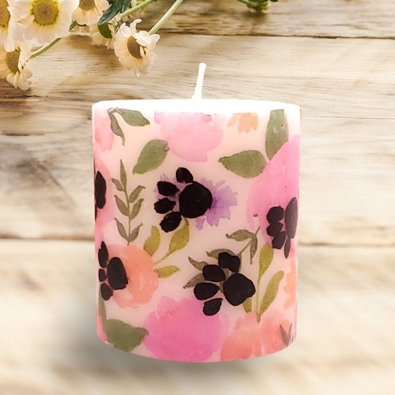 Paw Prints on Flowers Hand Painted Candle, Dog Paw Print Art, Dog Lover Pillar Candle, Pet Home House Warming Gift Candle, Floral Candle