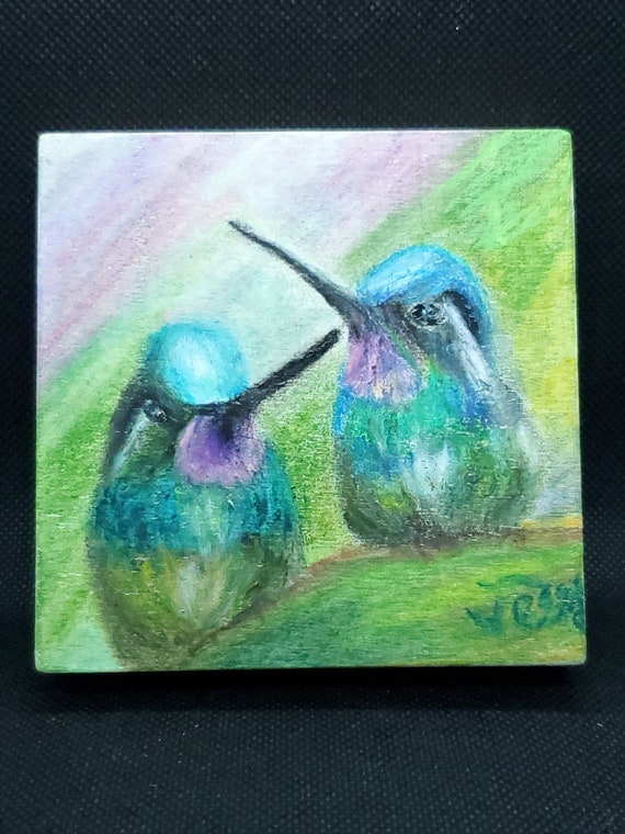 Hummingbirds Pastel Painting, Hand Painted Hummingbird Childrens Art, Woodland Animal Wood Block Art, Table Top Oil Pastel Painting