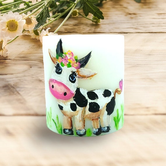 Cow Hand Painted Candle, Pretty Cow Art, Dairy Cow, Farm House Candle, Flower Tiara Cow Pillar Candle, Country Theme Painted Candle