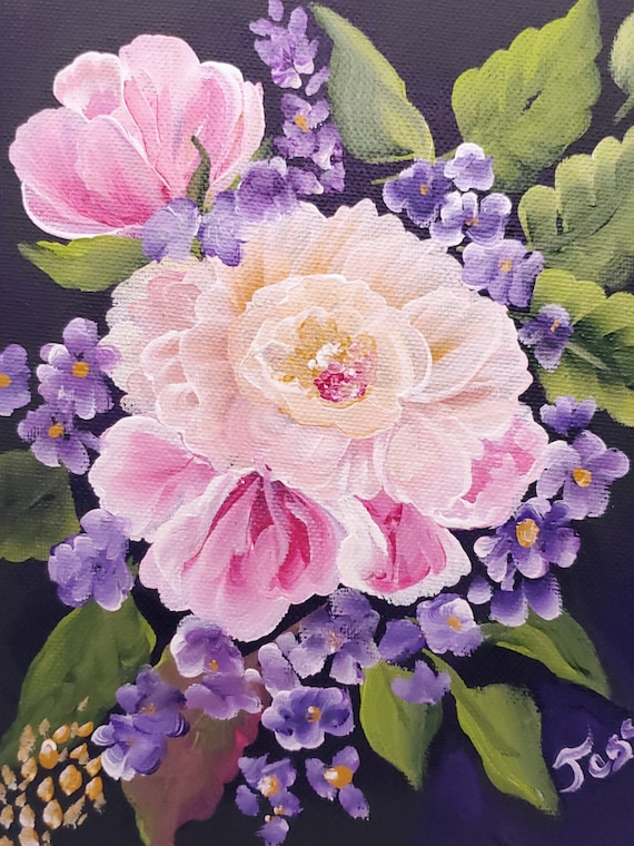 Peony Blossom Bouquet AcrylicPainting, Pink And Purple Flowers Painting, Spring Floral Art, Peony Flower Bouquet Acrylic Painting, Wall Art