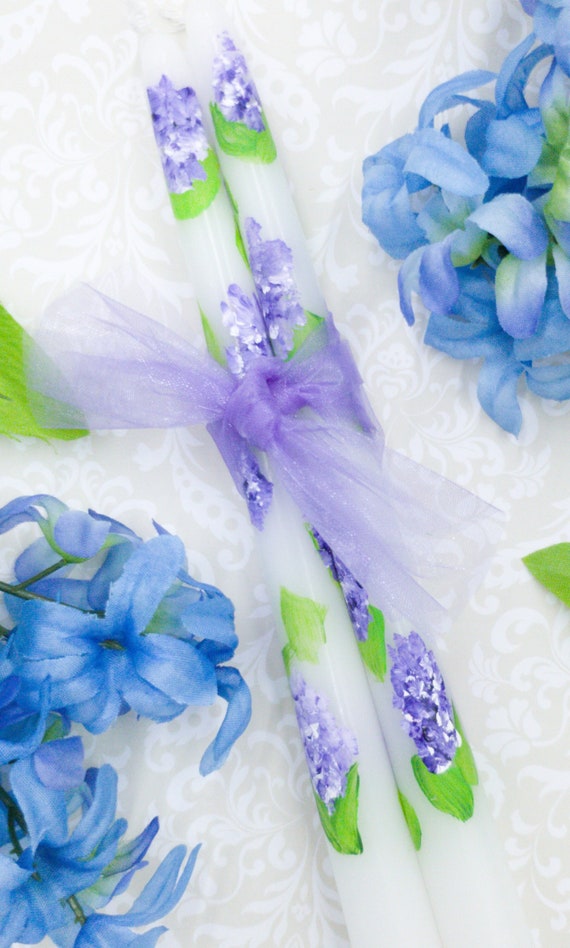 Hyacinth Flowers Hand Painted Taper Candle, Purple Hyacinth Floral Taper Candle, Anniversary Candles, Wedding Candles, Elegant Dinner Taper